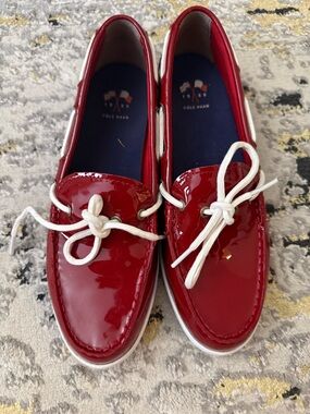 Cole Haan Red Patent Leather Boat Shoes with White Laces and Navy Insoles